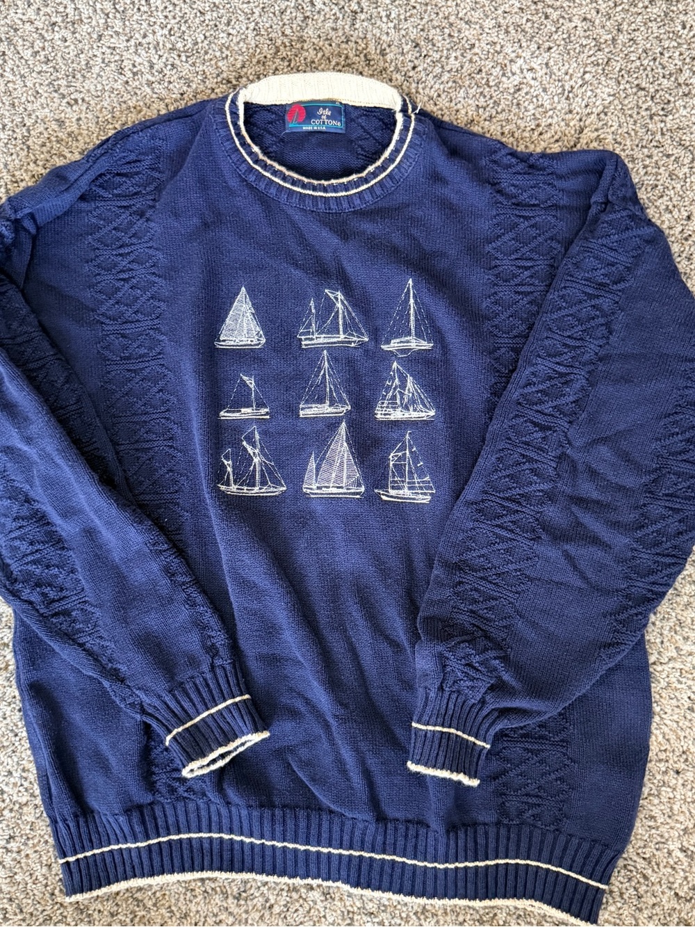 Vintage 90s Navy Crewneck Sweater with White Sailboat Motif Coast Guard Nautical
